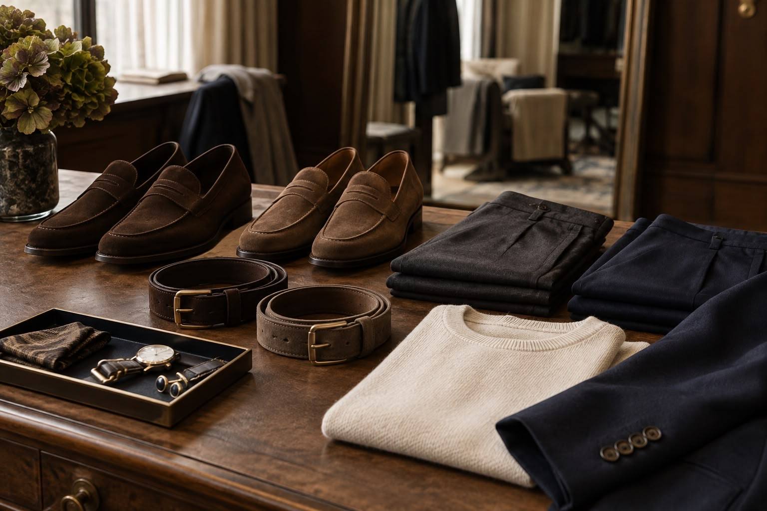 Loafers, belts, a watch and knitwear laid out together