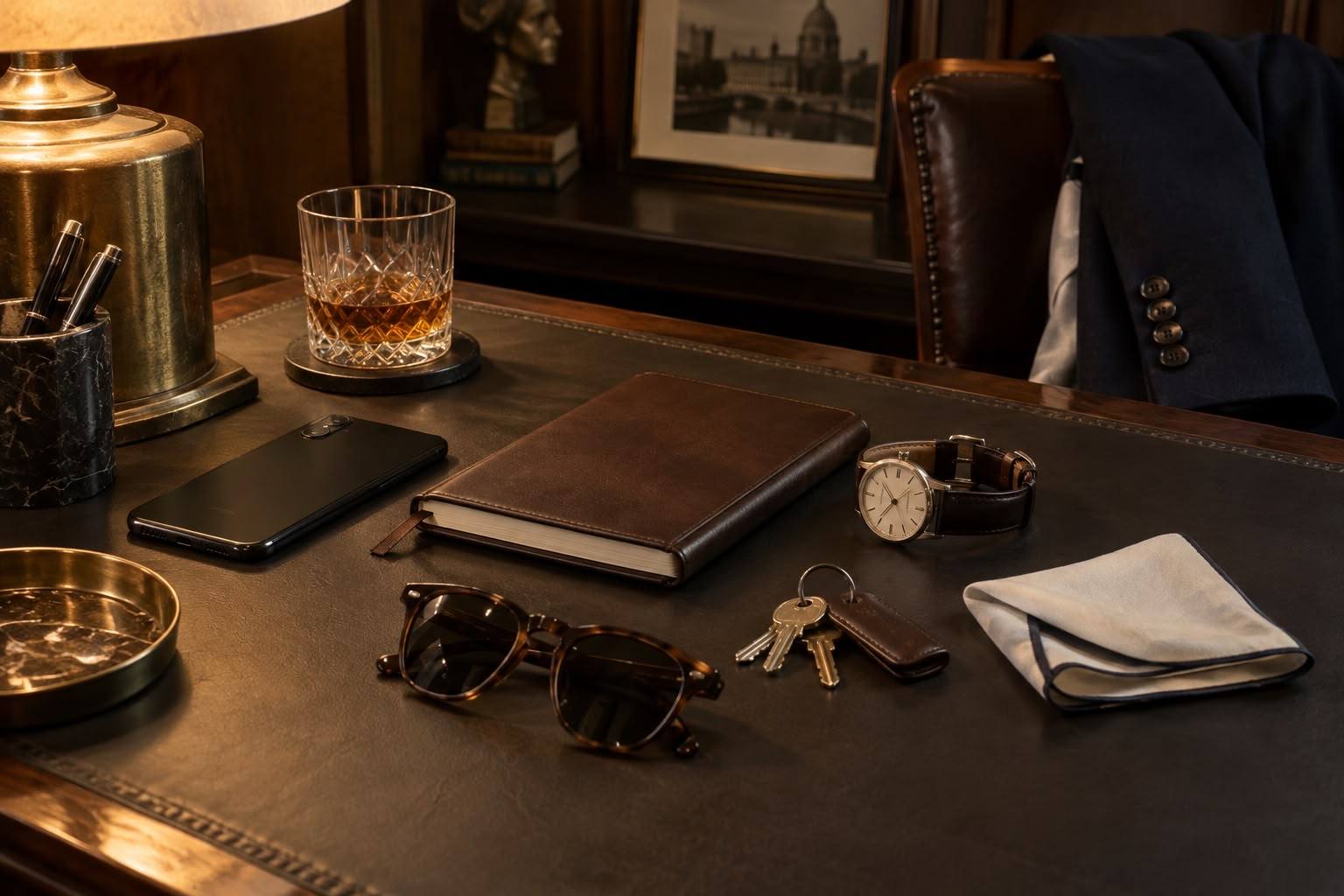 A watch, notebook, phone and sunglasses on a study desk