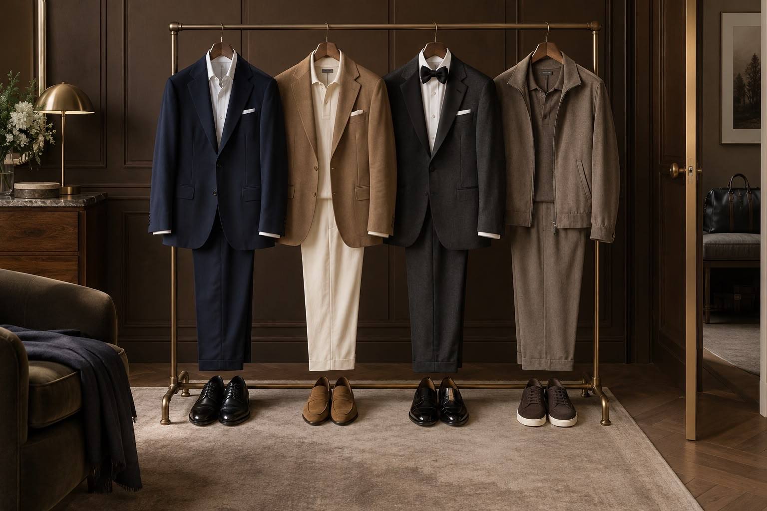 Four complete outfits on a brass rail, each with shoes beneath