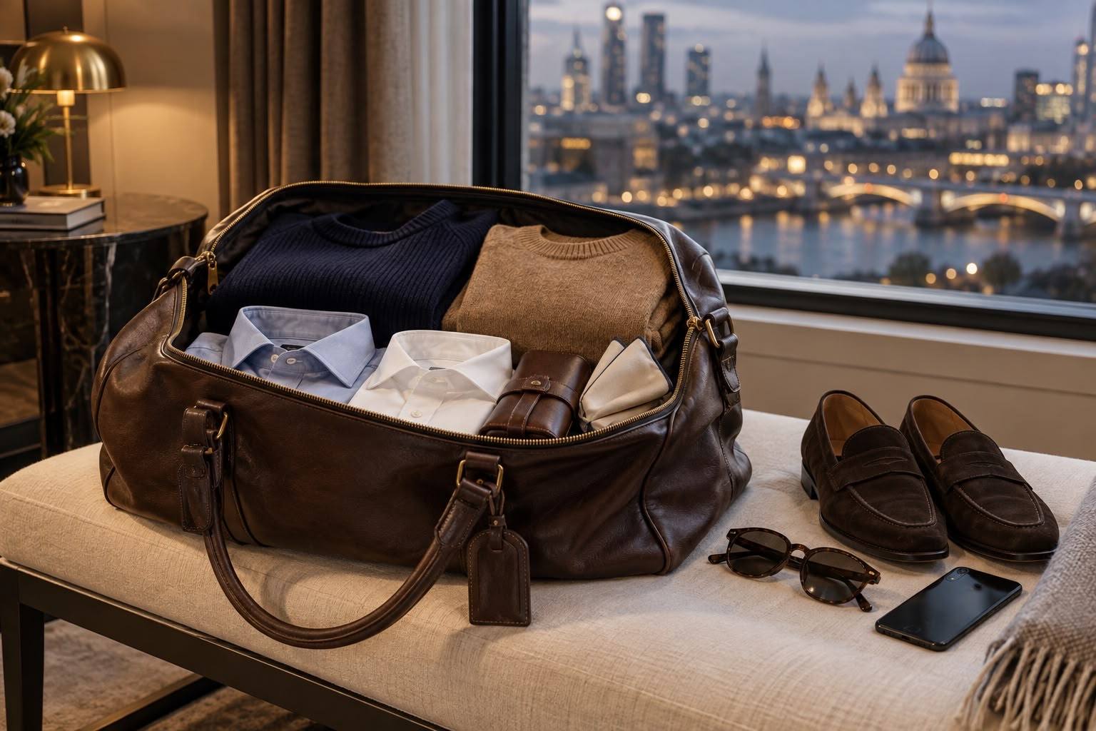 A packed leather bag, loafers and a phone, with London beyond the window