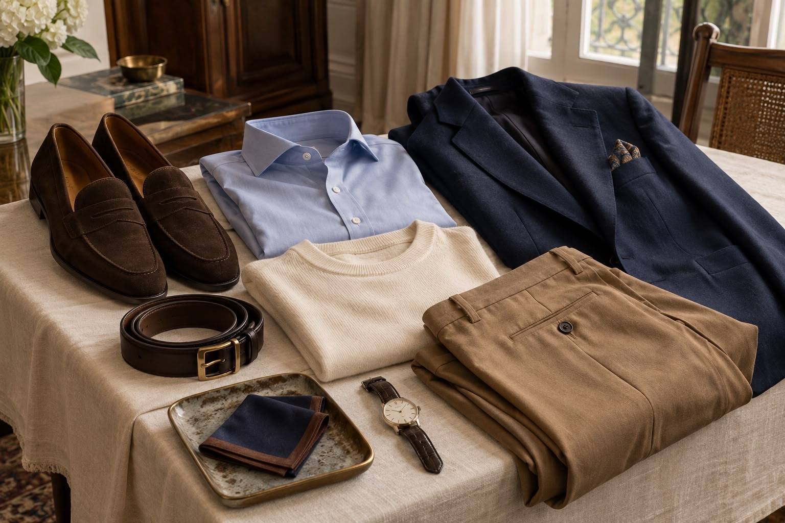 A blazer, shirt, knitwear, trousers, loafers, belt and watch laid out together