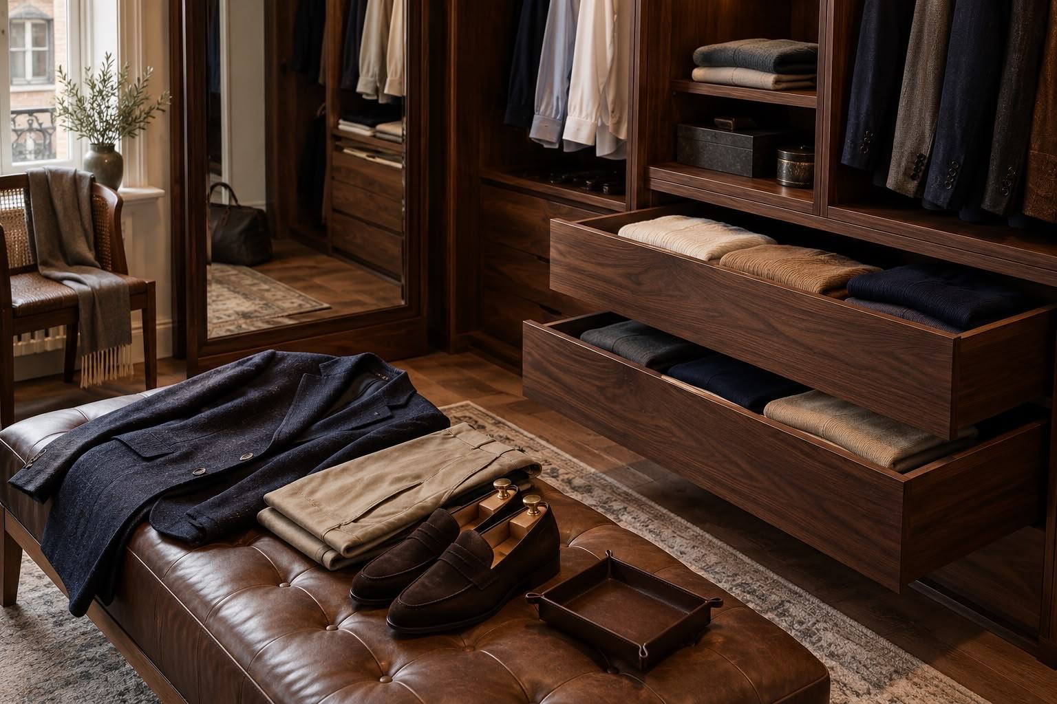 A jacket, trousers and loafers laid out on a leather bench in a dressing room