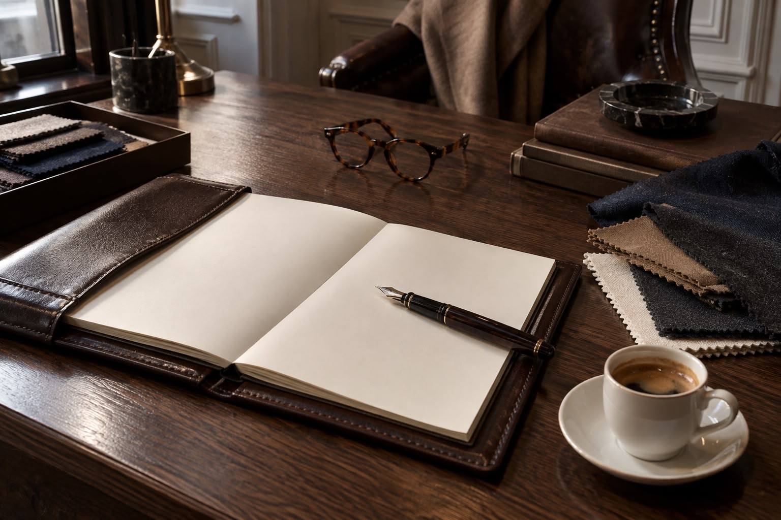 A notebook, fabric swatches and a pen on a consultation desk