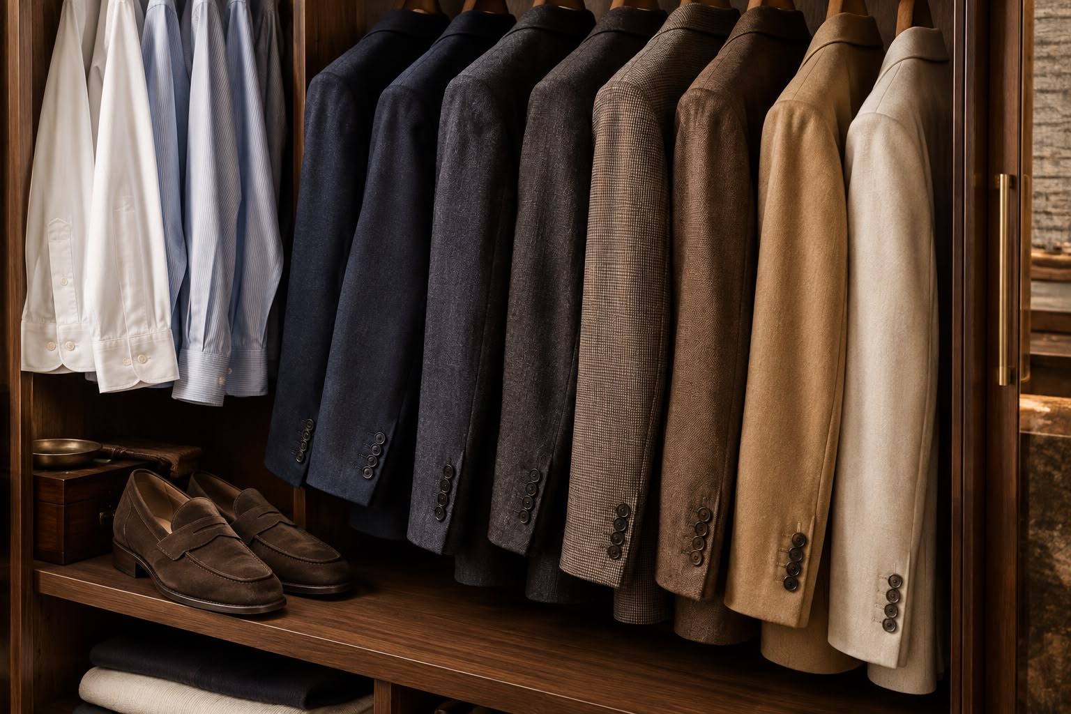 Shirts and jackets hanging in a wardrobe, with loafers on the shelf below