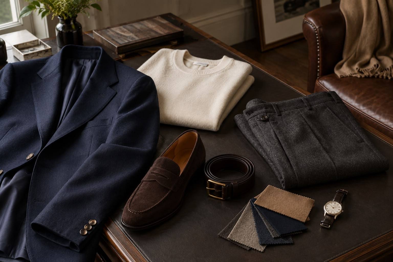A navy blazer, knitwear, trousers, loafer and watch laid out together